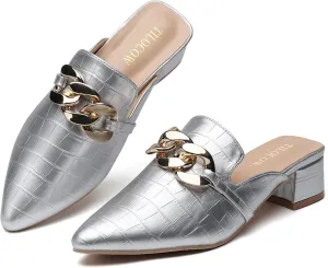 Tilocow Metal Chain Decor Mules Heels for Women Chunky Heeled Sandals Slip on Closed Toe Slides for Women Backless Mules