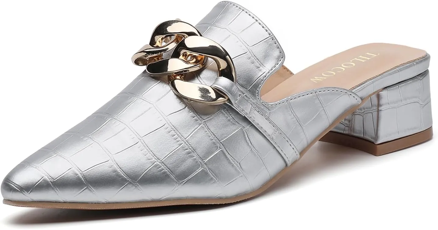 Tilocow Metal Chain Decor Mules Heels for Women Chunky Heeled Sandals Slip on Closed Toe Slides for Women Backless Mules