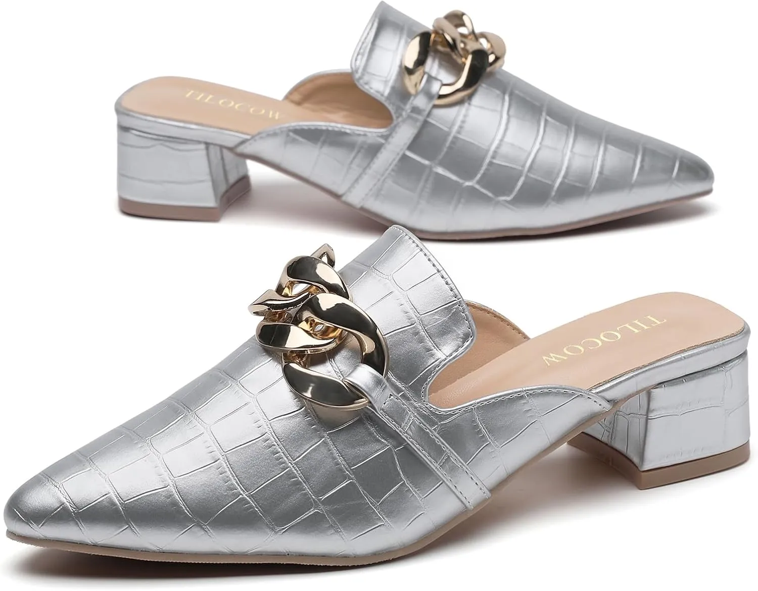 Tilocow Metal Chain Decor Mules Heels for Women Chunky Heeled Sandals Slip on Closed Toe Slides for Women Backless Mules