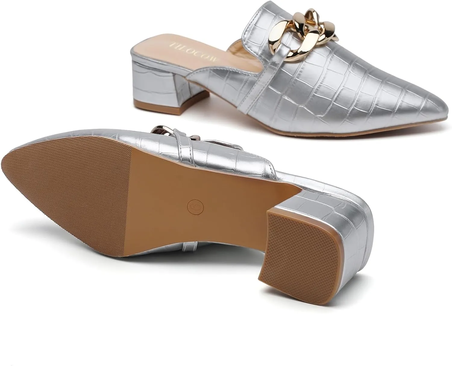 Tilocow Metal Chain Decor Mules Heels for Women Chunky Heeled Sandals Slip on Closed Toe Slides for Women Backless Mules