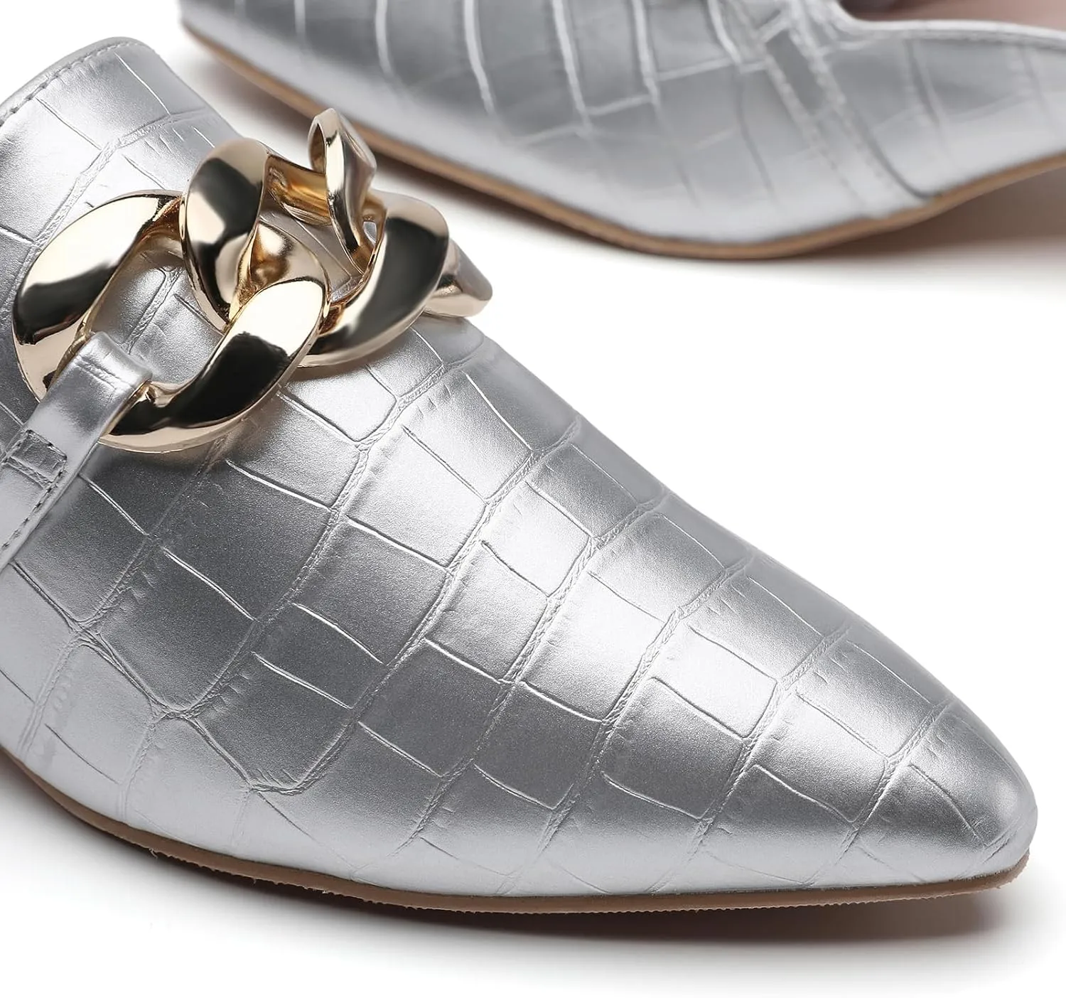 Tilocow Metal Chain Decor Mules Heels for Women Chunky Heeled Sandals Slip on Closed Toe Slides for Women Backless Mules