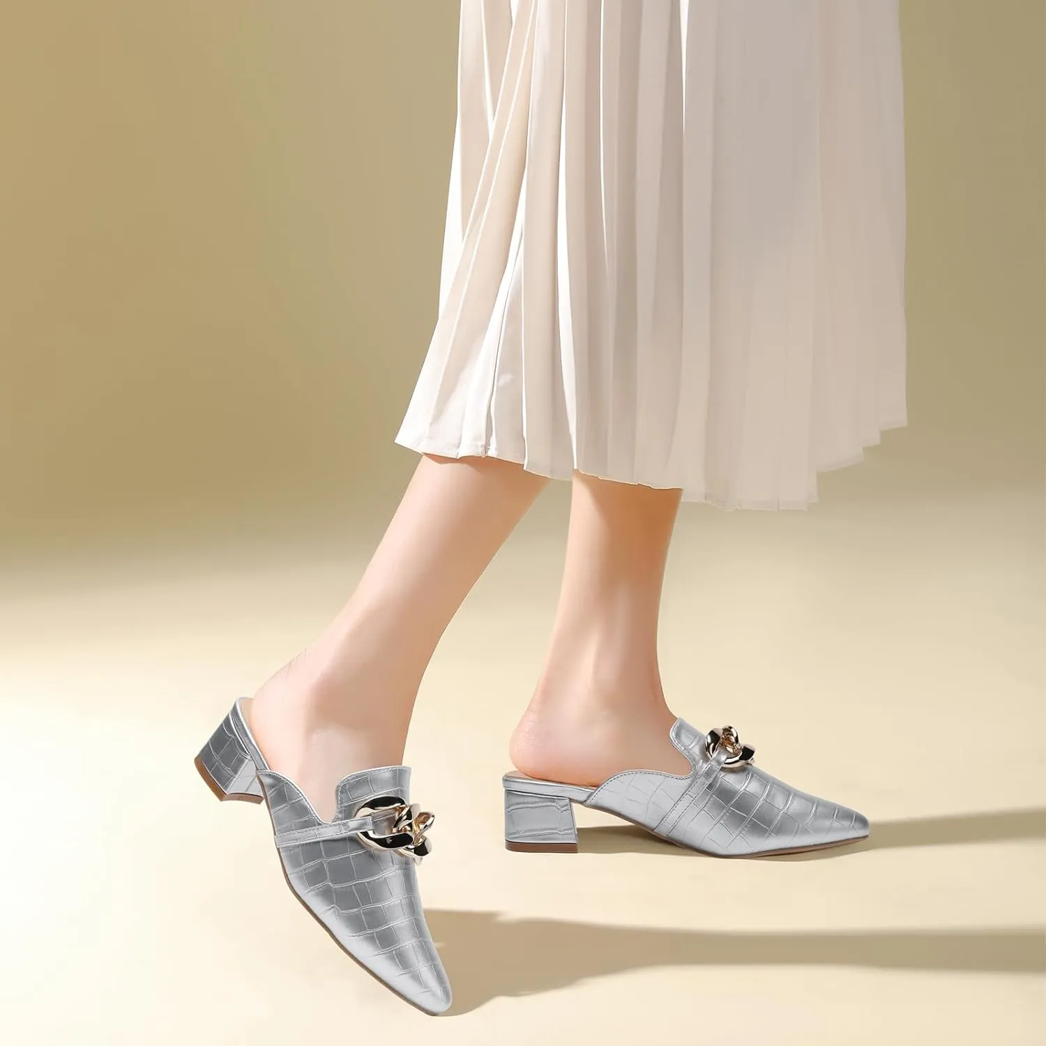 Tilocow Metal Chain Decor Mules Heels for Women Chunky Heeled Sandals Slip on Closed Toe Slides for Women Backless Mules
