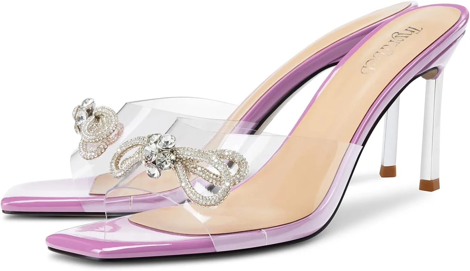 TNYNFBEB Womens Mid Heel Peep Open Toe Mules Shoes Sandals Slip-on Rhinestone Crystal Bow-knot Party Clear 3.3 Inches Heels