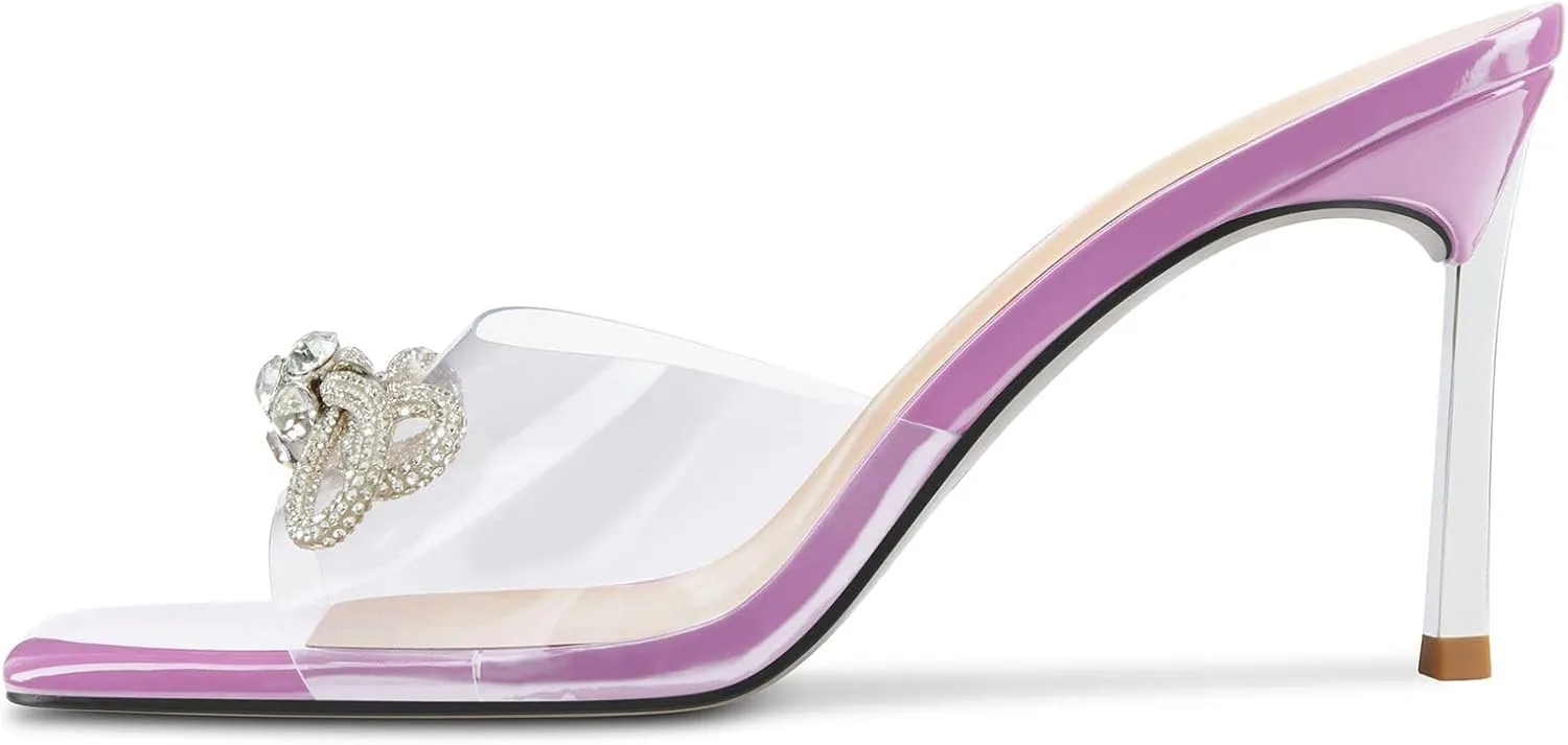 TNYNFBEB Womens Mid Heel Peep Open Toe Mules Shoes Sandals Slip-on Rhinestone Crystal Bow-knot Party Clear 3.3 Inches Heels