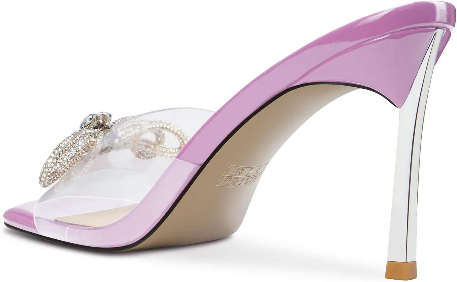 TNYNFBEB Womens Mid Heel Peep Open Toe Mules Shoes Sandals Slip-on Rhinestone Crystal Bow-knot Party Clear 3.3 Inches Heels