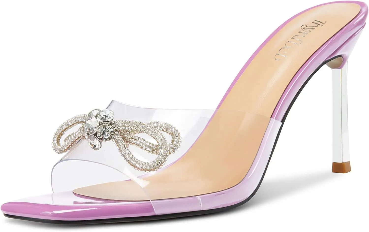 TNYNFBEB Womens Mid Heel Peep Open Toe Mules Shoes Sandals Slip-on Rhinestone Crystal Bow-knot Party Clear 3.3 Inches Heels
