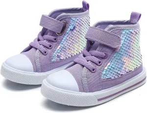 Toddler Girls Sneakers Kids High Top Casual Canvas Shoes with Sparkle Color Change Flipping Sequins