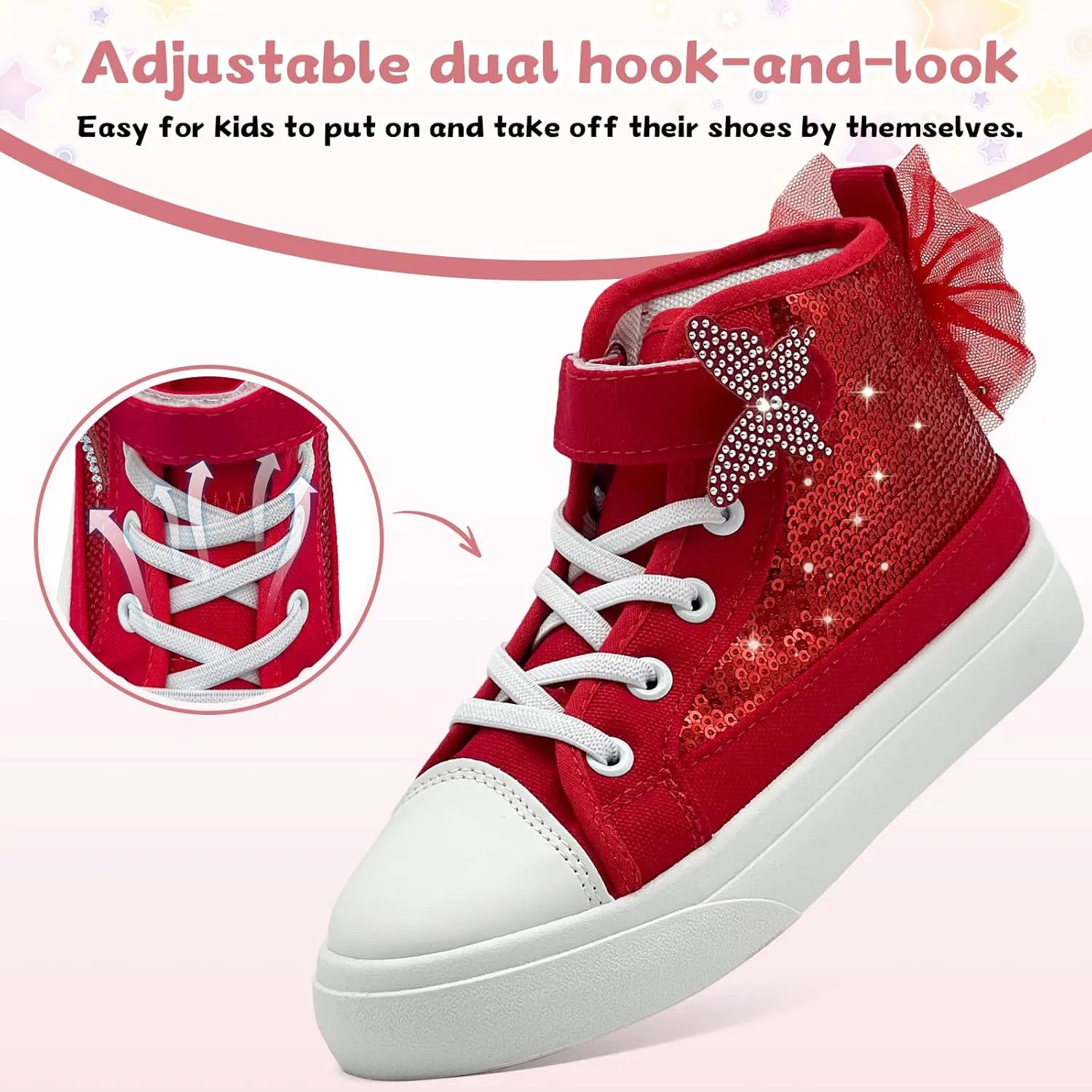 Toddler Sneakers for Girls Boys Canvas High Top Kids Fashion Sparkle Sequins Bow Shoes Running Walking Casual Shoes
