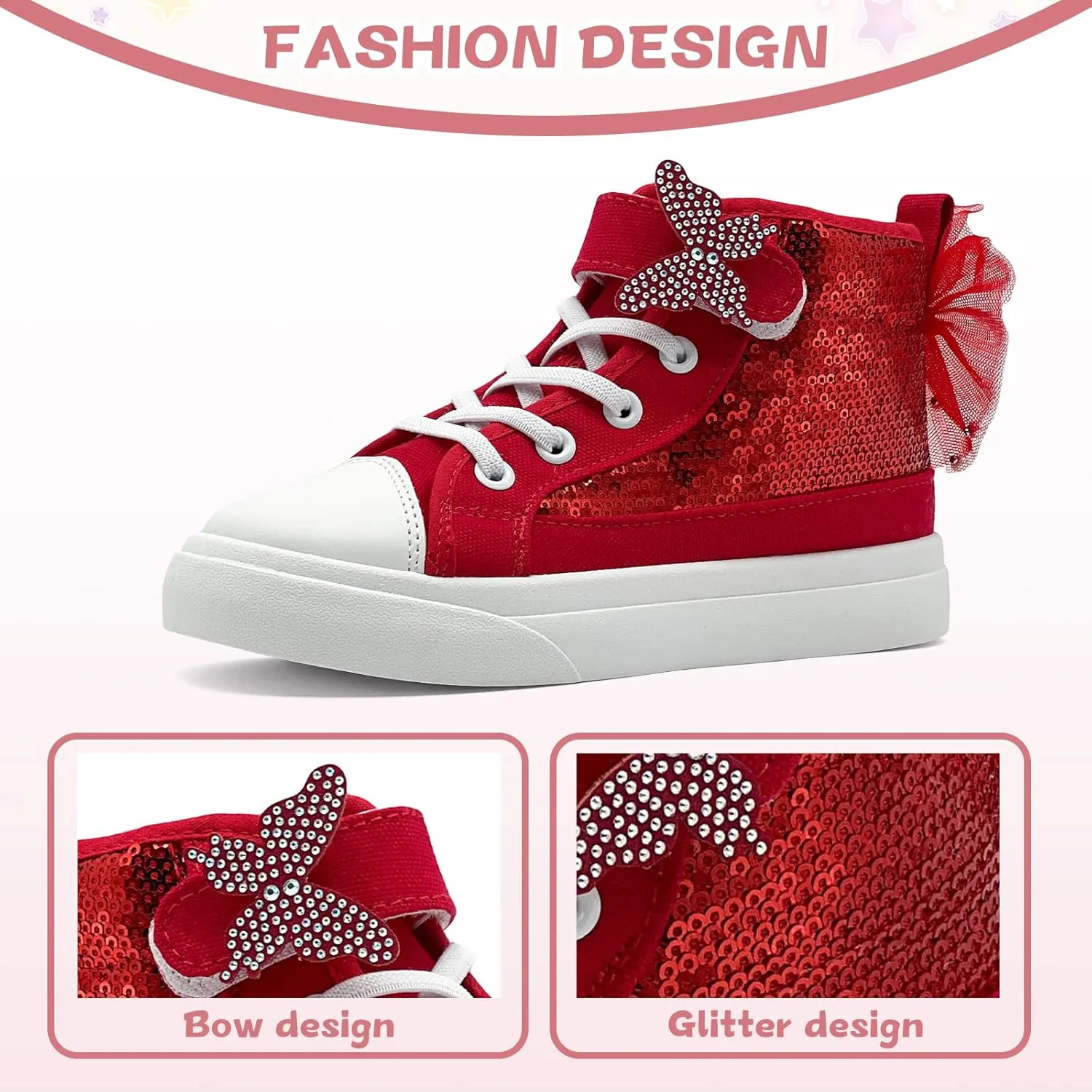Toddler Sneakers for Girls Boys Canvas High Top Kids Fashion Sparkle Sequins Bow Shoes Running Walking Casual Shoes