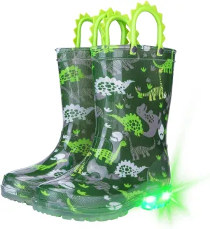 Toddlers Kids Rain Boots - Light Up Rain Boots for Boys Waterproof Outdoor Shoes with Easy-On Handles