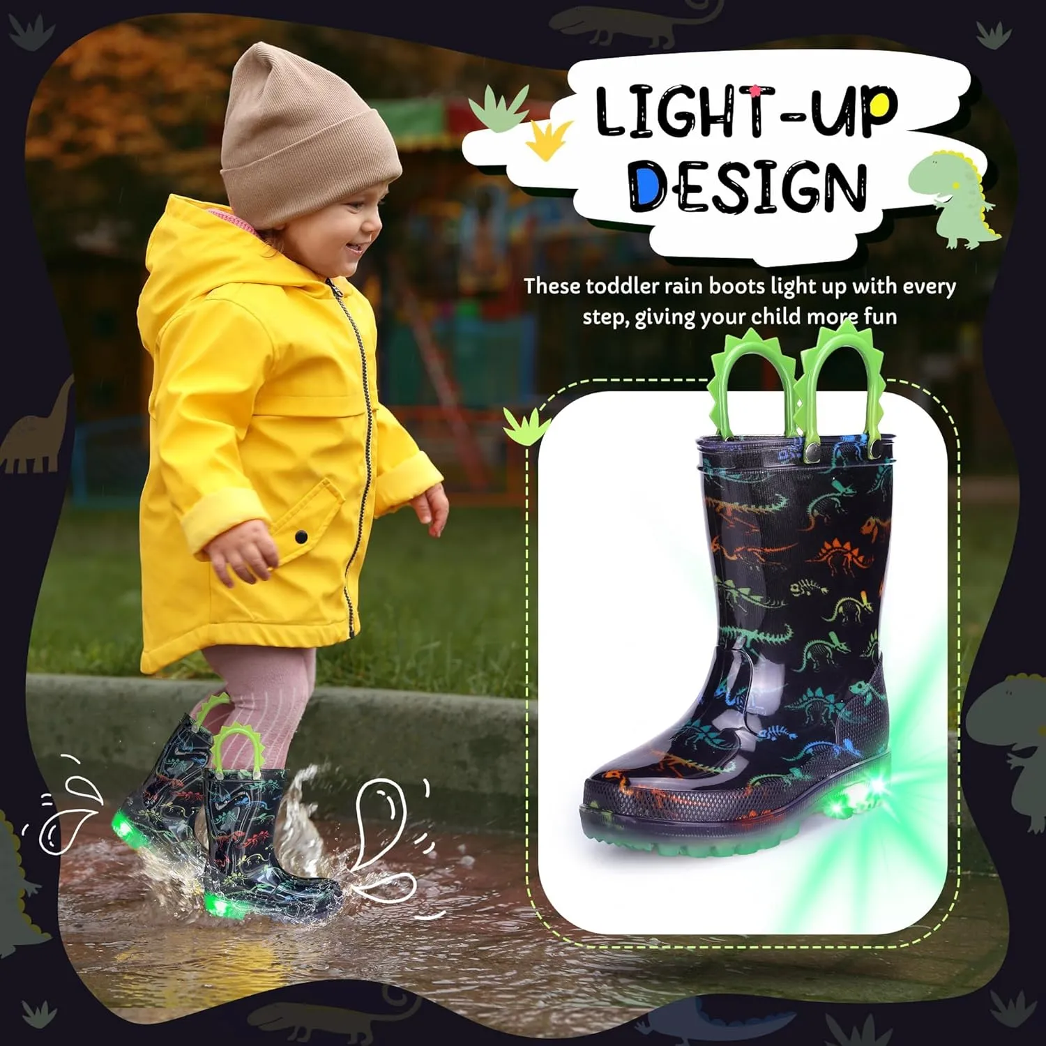 Toddlers Kids Rain Boots - Light Up Rain Boots for Boys Waterproof Outdoor Shoes with Easy-On Handles