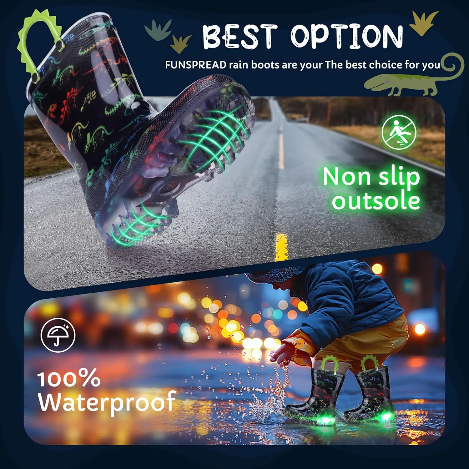 Toddlers Kids Rain Boots - Light Up Rain Boots for Boys Waterproof Outdoor Shoes with Easy-On Handles