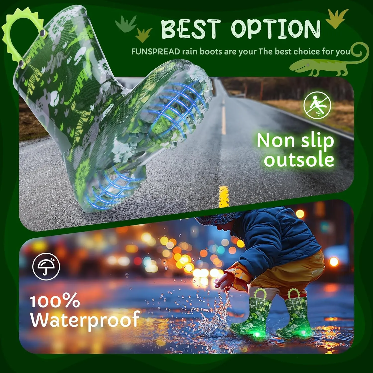 Toddlers Kids Rain Boots - Light Up Rain Boots for Boys Waterproof Outdoor Shoes with Easy-On Handles