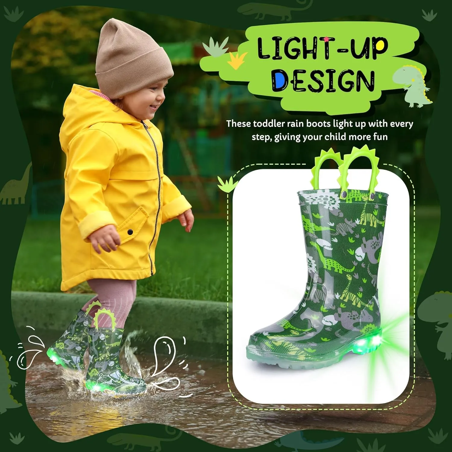 Toddlers Kids Rain Boots - Light Up Rain Boots for Boys Waterproof Outdoor Shoes with Easy-On Handles