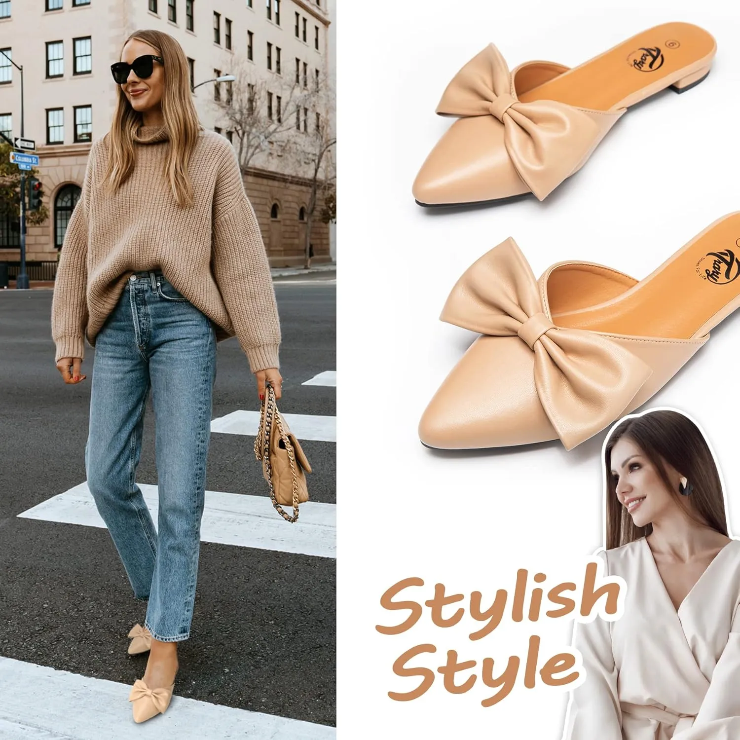 Trary Mules for Women Flats, Pointed Toe Womens Mules with Heels, Black Mules Shoes for Women, Bow Mules Women's Flats, Slip On Flats Flat Mules, Backless Loafers for Women, Women's Mules & Clogs