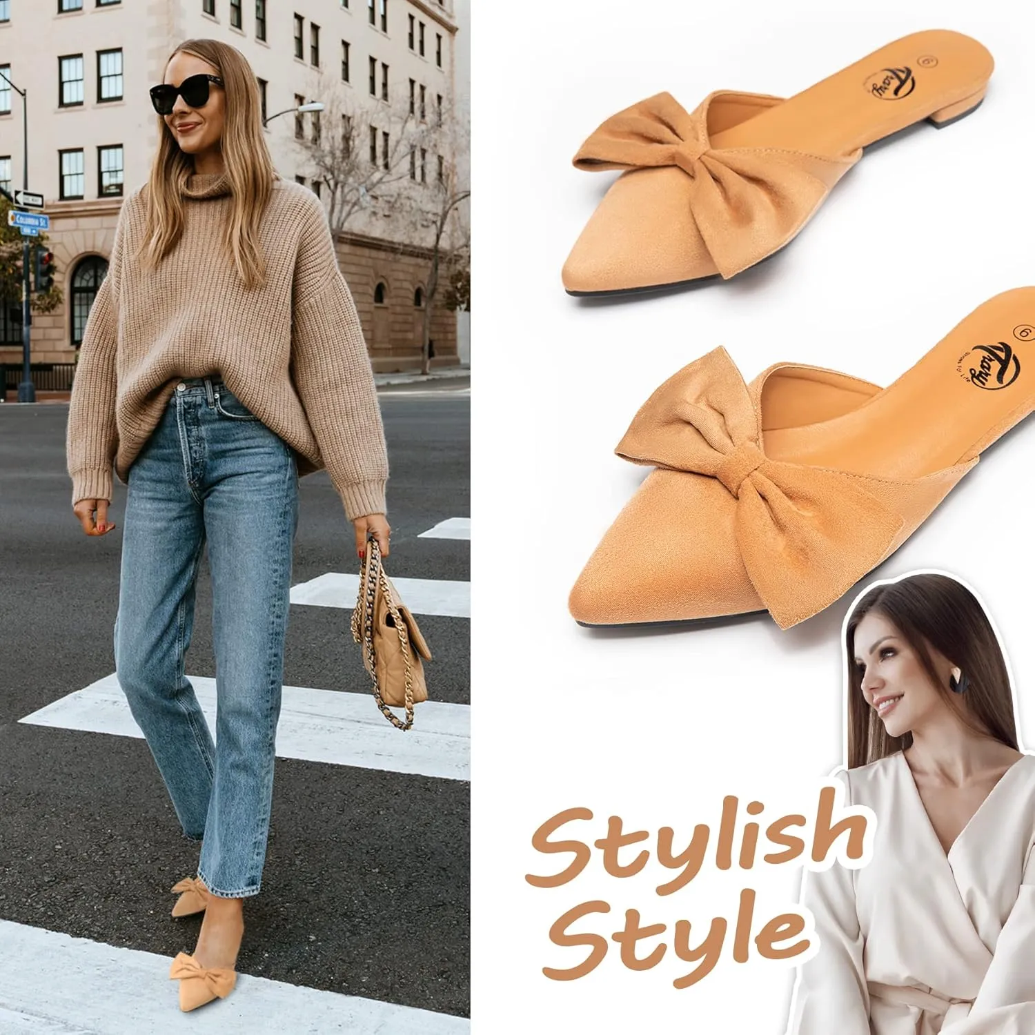 Trary Mules for Women Flats, Pointed Toe Womens Mules with Heels, Black Mules Shoes for Women, Bow Mules Women's Flats, Slip On Flats Flat Mules, Backless Loafers for Women, Women's Mules & Clogs