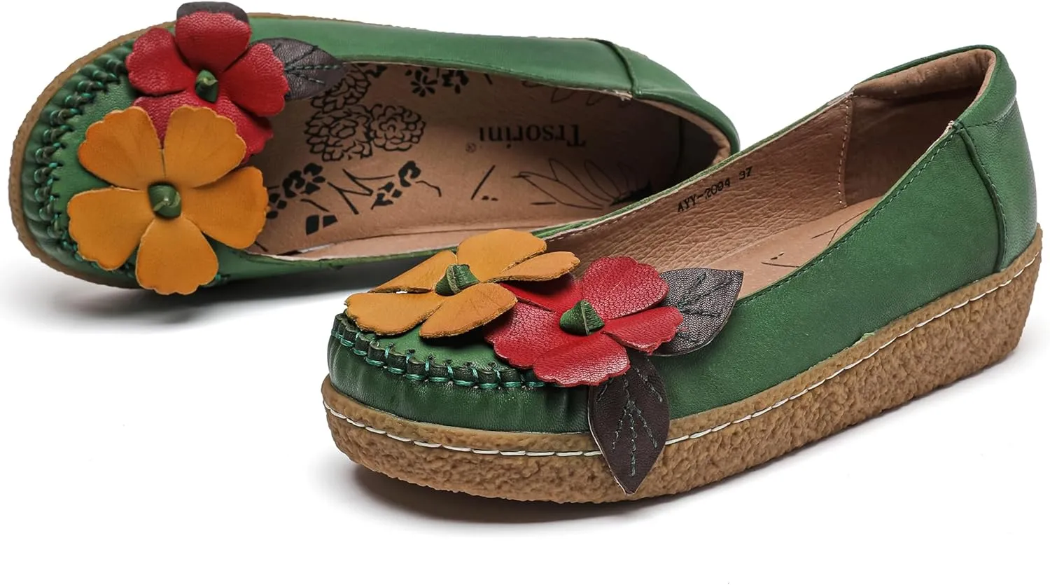 Trsorini Women's Casual Loafers Slip on Multi Color Stitching Leather Shoes Daily Walking