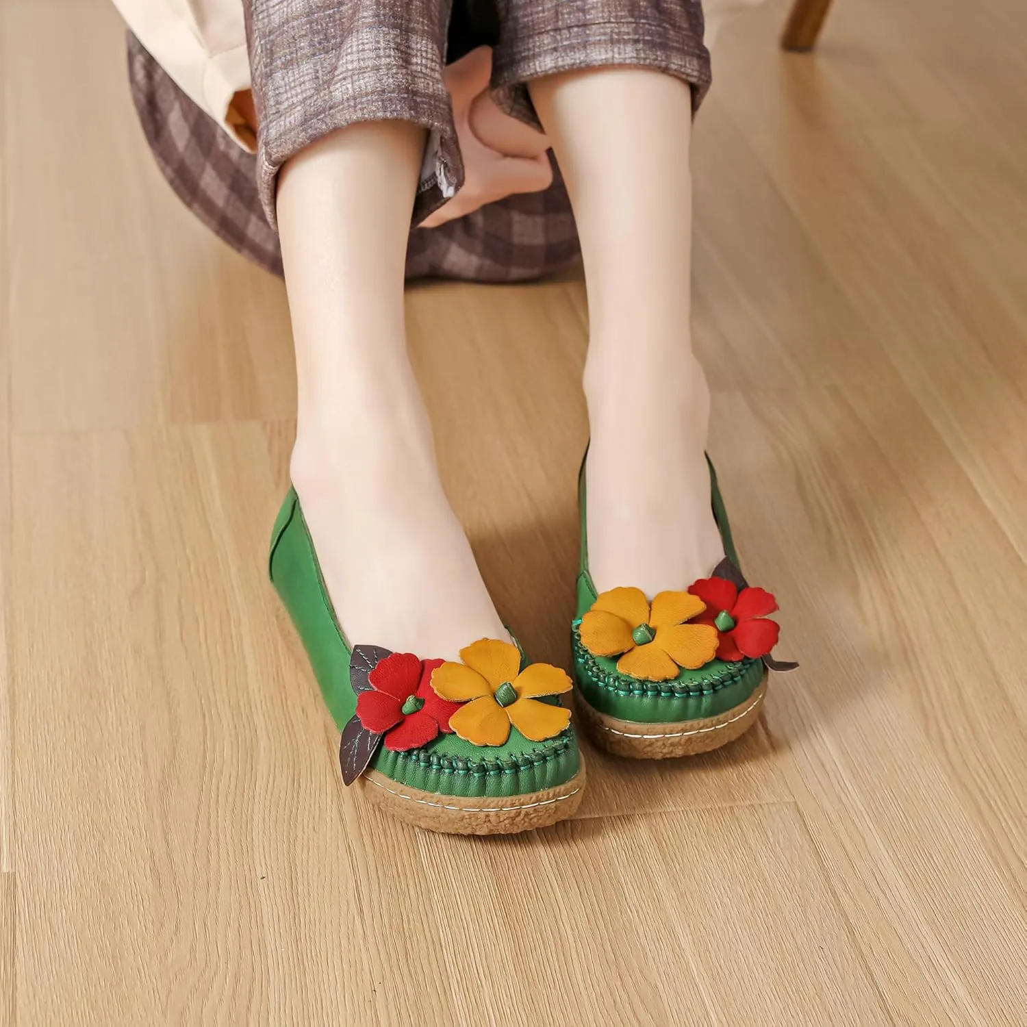 Trsorini Women's Casual Loafers Slip on Multi Color Stitching Leather Shoes Daily Walking