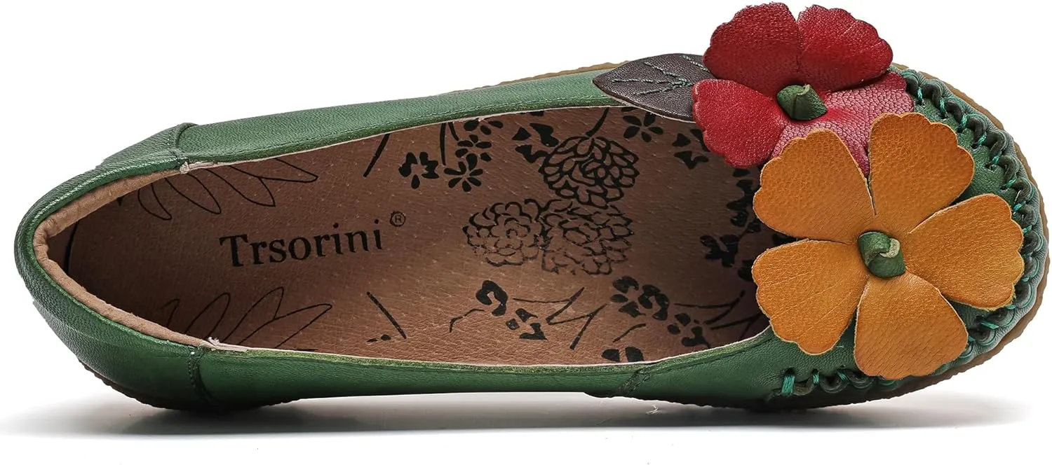Trsorini Women's Casual Loafers Slip on Multi Color Stitching Leather Shoes Daily Walking
