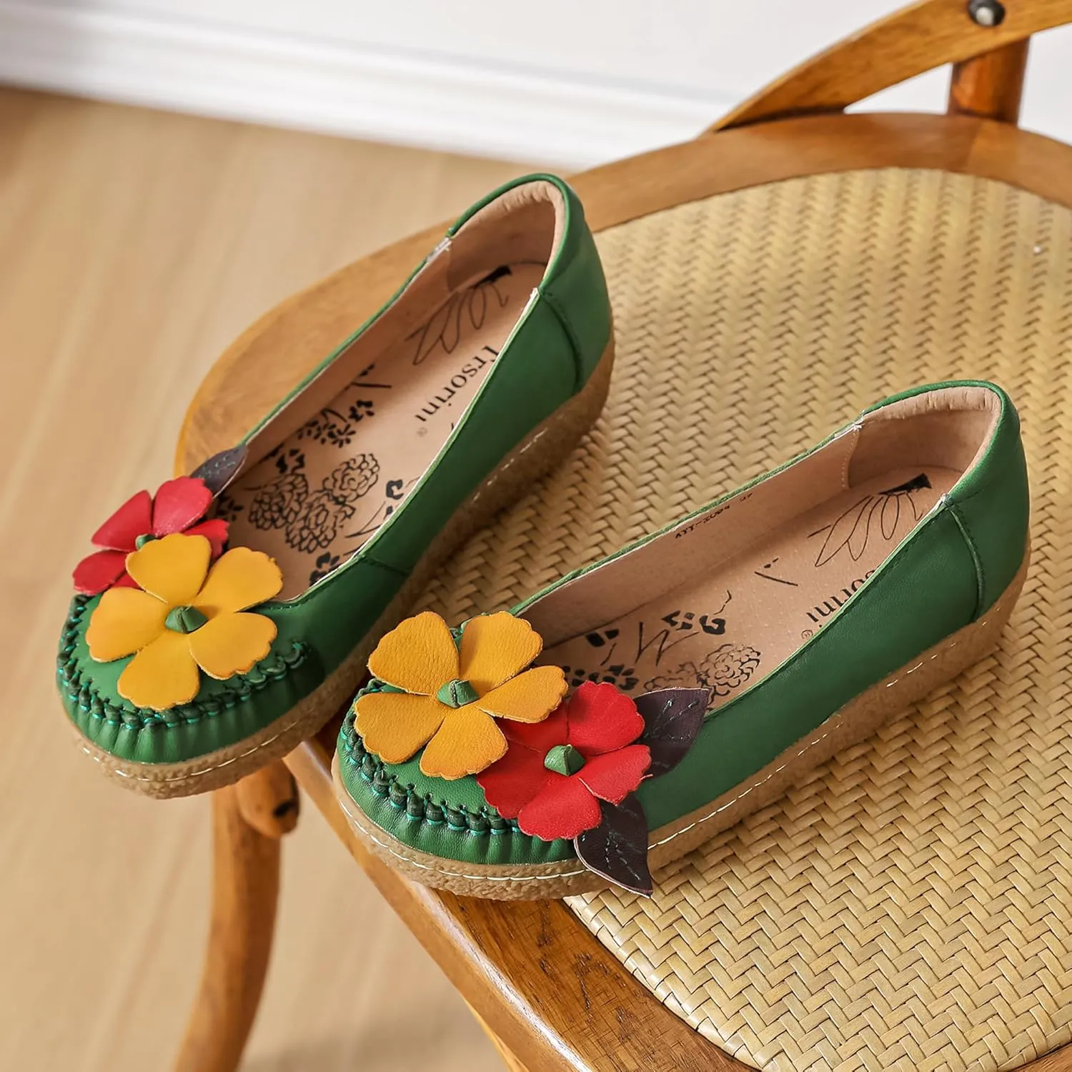 Trsorini Women's Casual Loafers Slip on Multi Color Stitching Leather Shoes Daily Walking