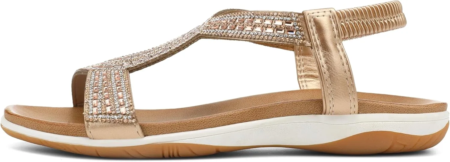 UBFEN Flat Sandals For Women Dressy Walking Comfortable Sandal With Rhinestone Braid Elastic Strap Summer Vacation