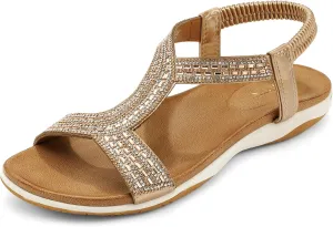 UBFEN Flat Sandals For Women Dressy Walking Comfortable Sandal With Rhinestone Braid Elastic Strap Summer Vacation