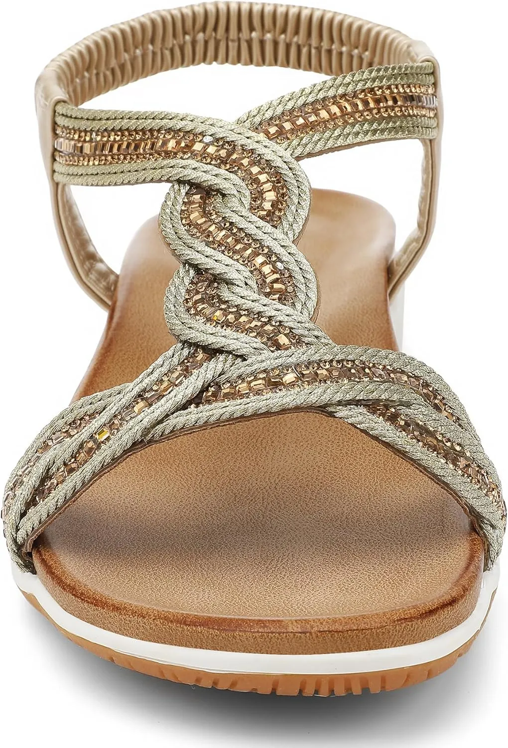 UBFEN Flat Sandals For Women Dressy Walking Comfortable Sandal With Rhinestone Braid Elastic Strap Summer Vacation