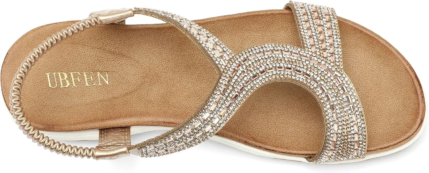 UBFEN Flat Sandals For Women Dressy Walking Comfortable Sandal With Rhinestone Braid Elastic Strap Summer Vacation