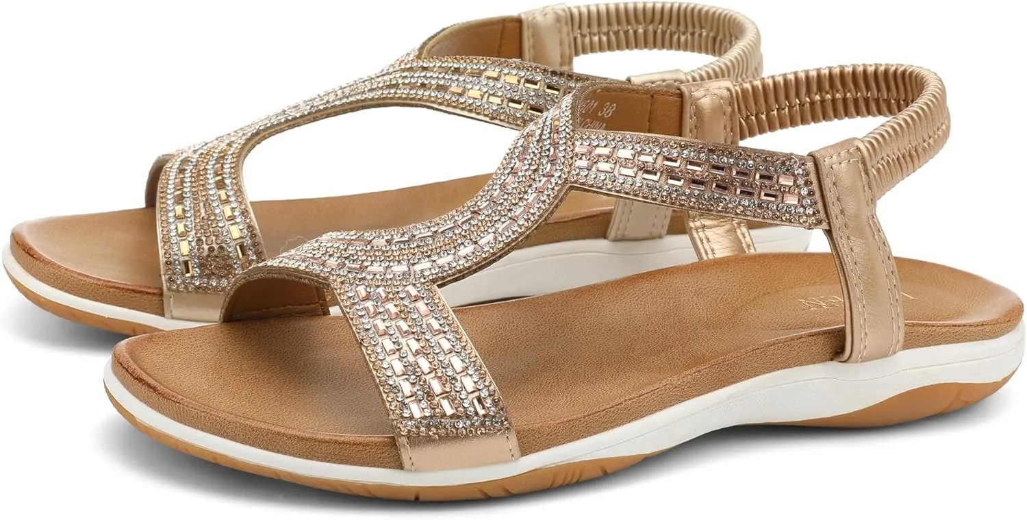 UBFEN Flat Sandals For Women Dressy Walking Comfortable Sandal With Rhinestone Braid Elastic Strap Summer Vacation