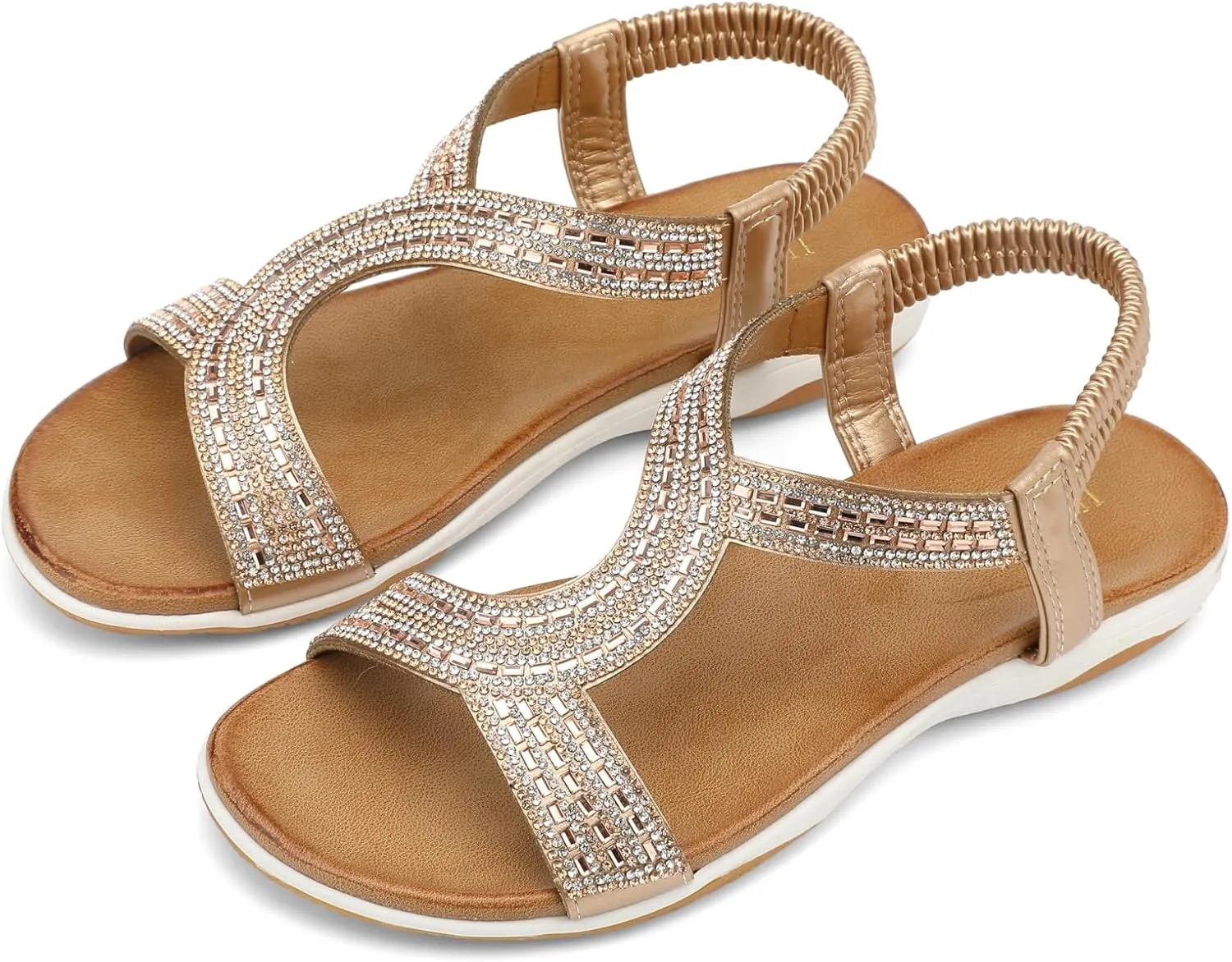 UBFEN Flat Sandals For Women Dressy Walking Comfortable Sandal With Rhinestone Braid Elastic Strap Summer Vacation