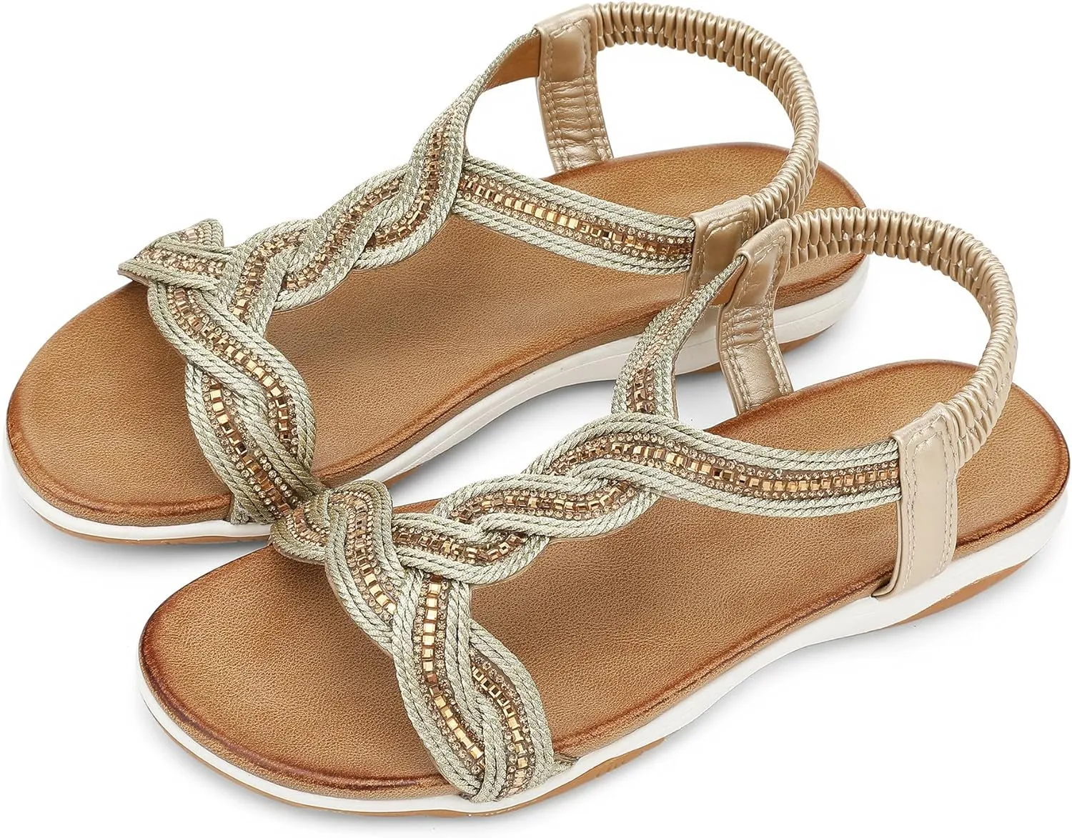 UBFEN Flat Sandals For Women Dressy Walking Comfortable Sandal With Rhinestone Braid Elastic Strap Summer Vacation