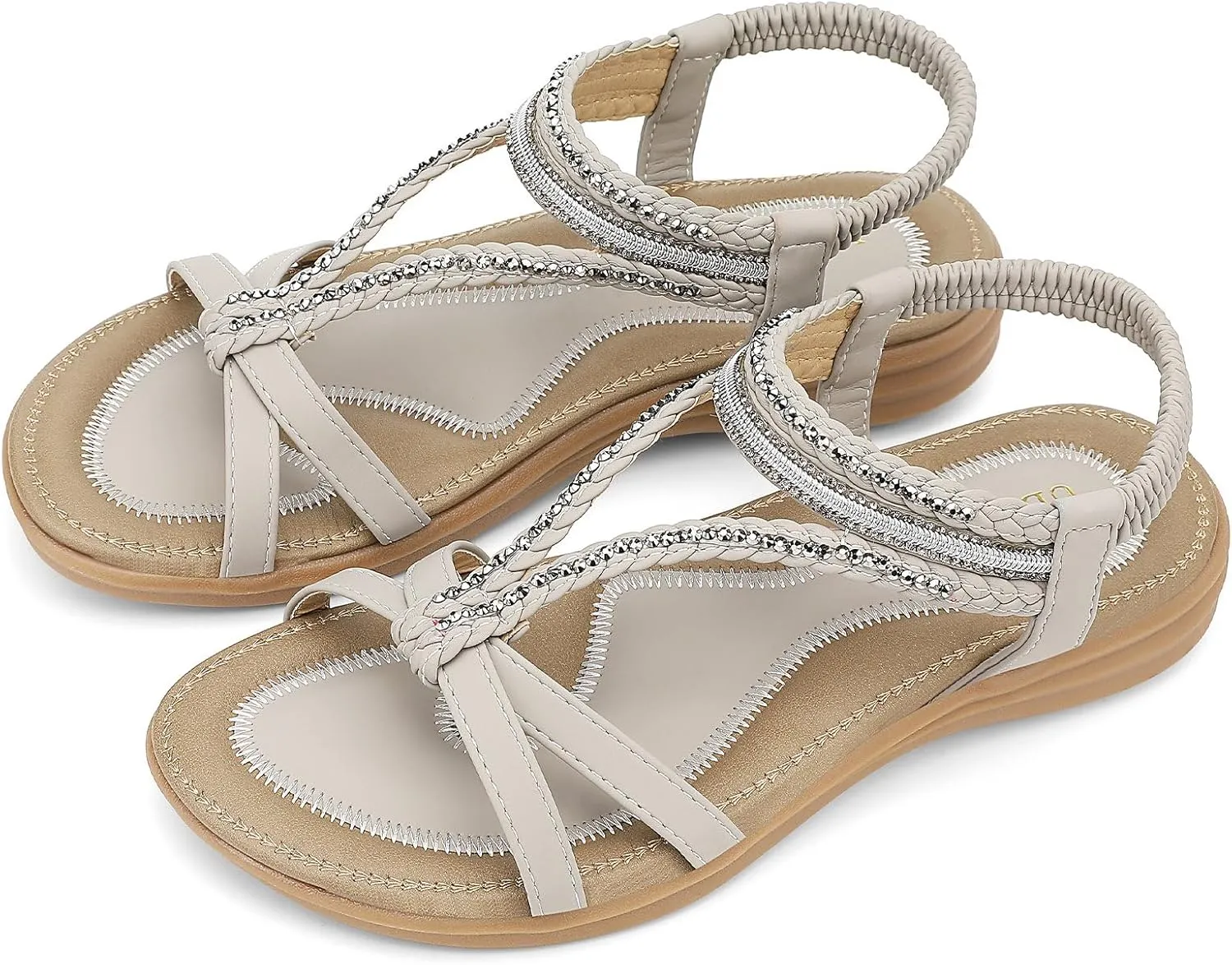 UBFEN Womens Bohemian Flat Sandals With Back Strap Summer Beach Comfortable Bling