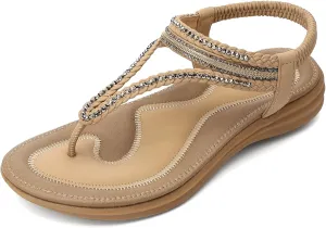 UBFEN Womens Bohemian Flat Sandals With Back Strap Summer Beach Comfortable Bling