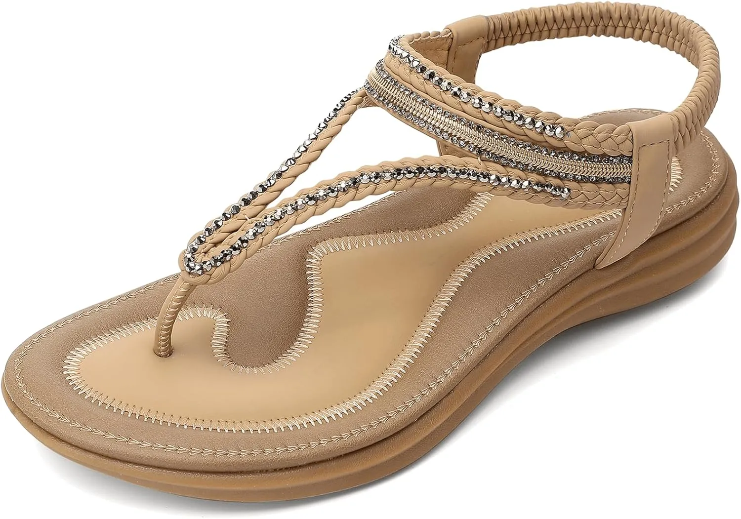 UBFEN Womens Bohemian Flat Sandals With Back Strap Summer Beach Comfortable Bling