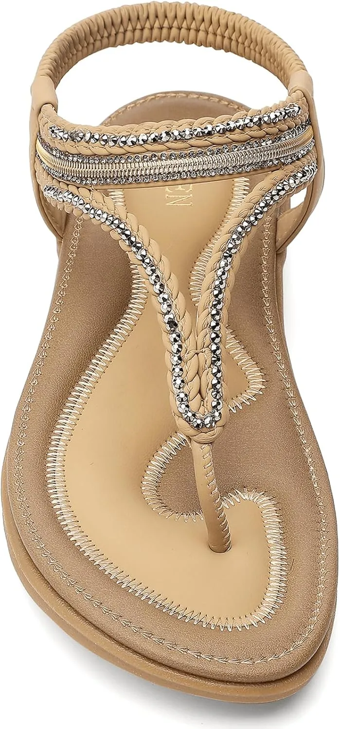 UBFEN Womens Bohemian Flat Sandals With Back Strap Summer Beach Comfortable Bling