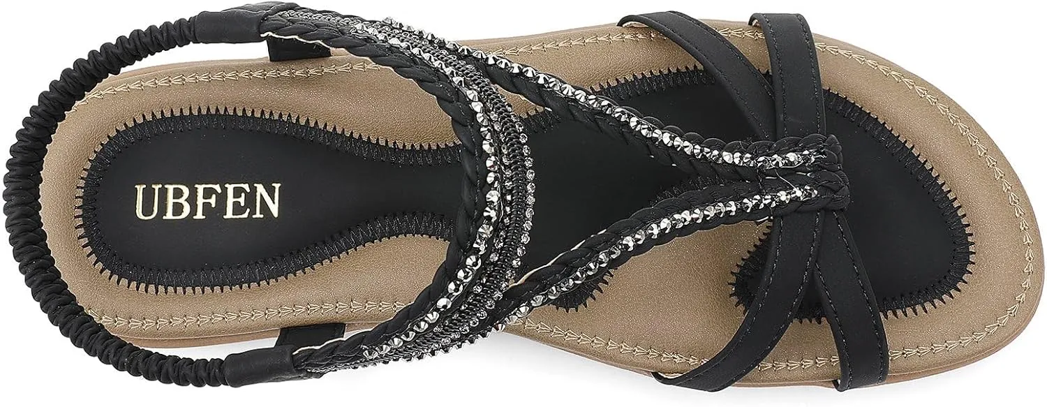 UBFEN Womens Bohemian Flat Sandals With Back Strap Summer Beach Comfortable Bling