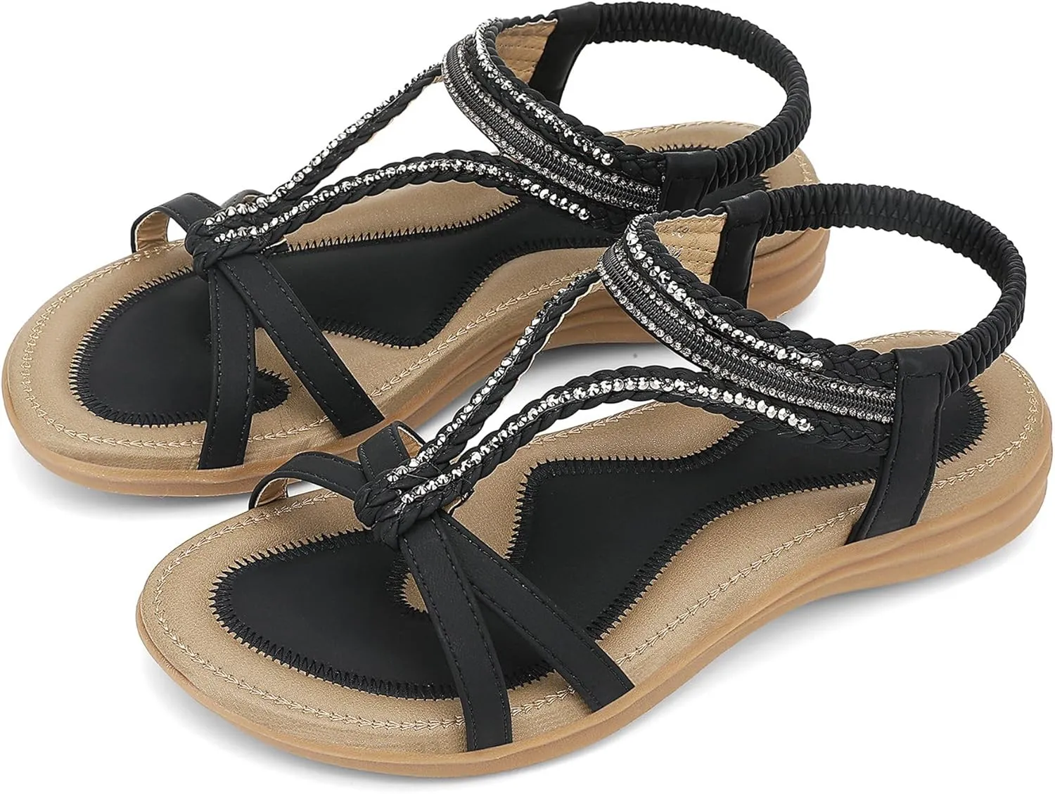 UBFEN Womens Bohemian Flat Sandals With Back Strap Summer Beach Comfortable Bling