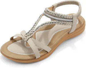 UBFEN Womens Bohemian Flat Sandals With Back Strap Summer Beach Comfortable Bling