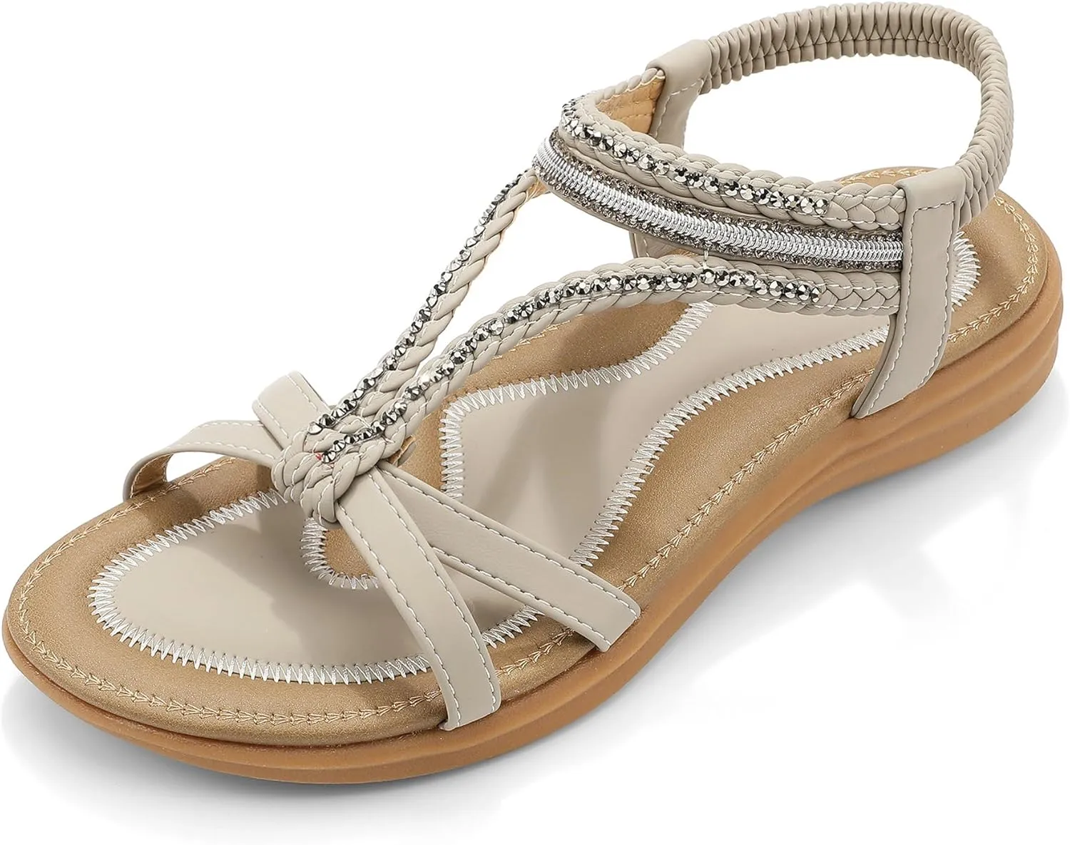 UBFEN Womens Bohemian Flat Sandals With Back Strap Summer Beach Comfortable Bling