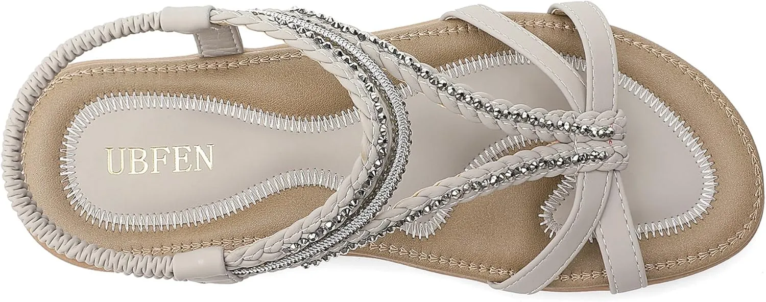UBFEN Womens Bohemian Flat Sandals With Back Strap Summer Beach Comfortable Bling