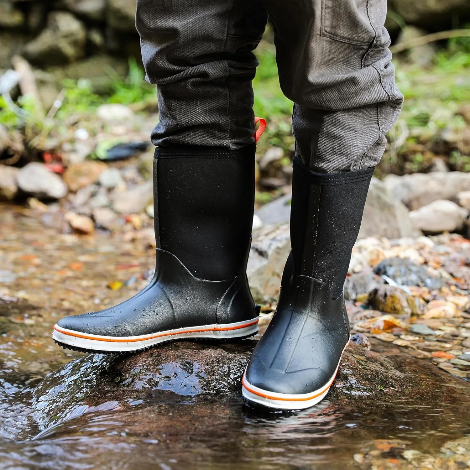 Ubon Rubber Rain Boots for Men Mid Calf Waterproof Fishing Garden Work Deck Boots Non Slip