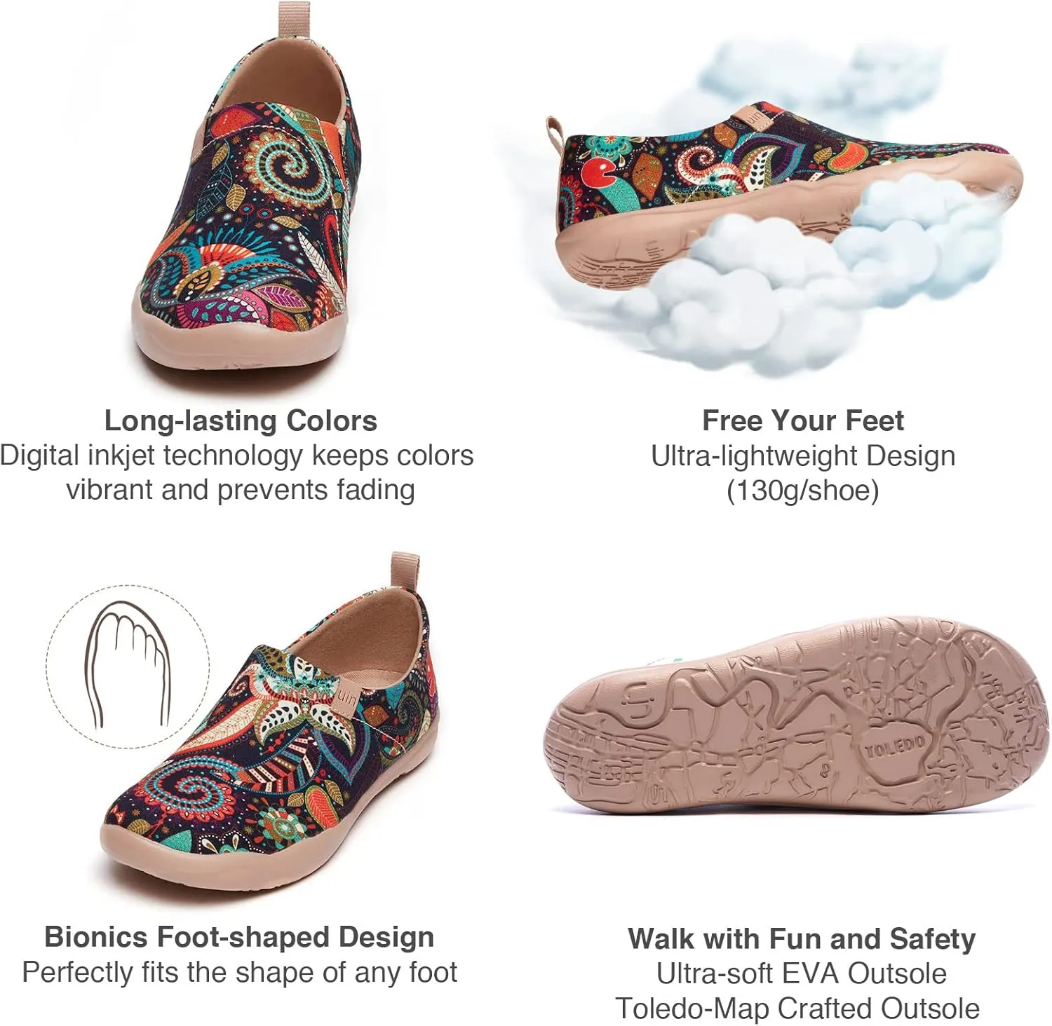UIN Women's Blossom Slip On Shoes Colorful Comfortable Lightweight Art Travel Sneakers Casual Floral Stylish Everyday Loafers