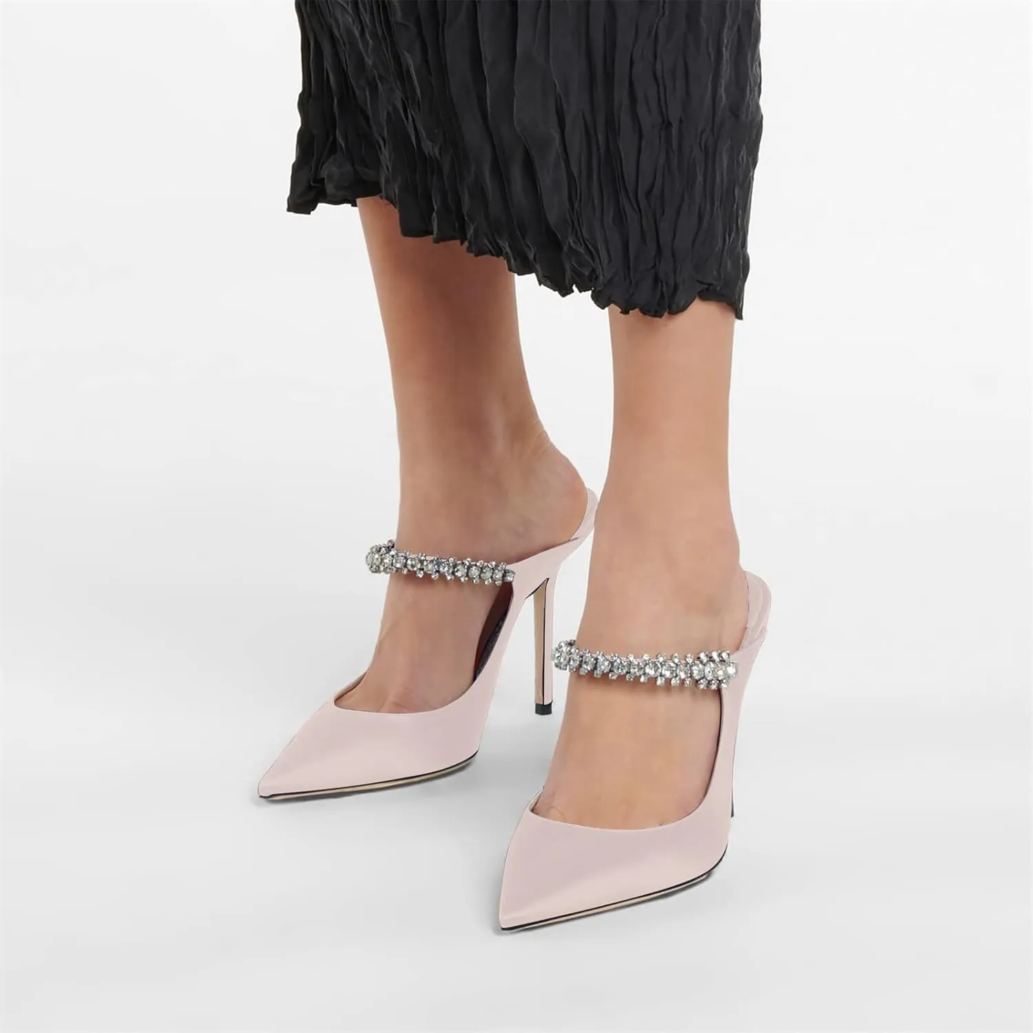 Vaslemuse Women Rhinestone Strap Heel Mules Bridal Pointy Toe Stiletto Heels Dress Pumps Slip On for Wedding Party