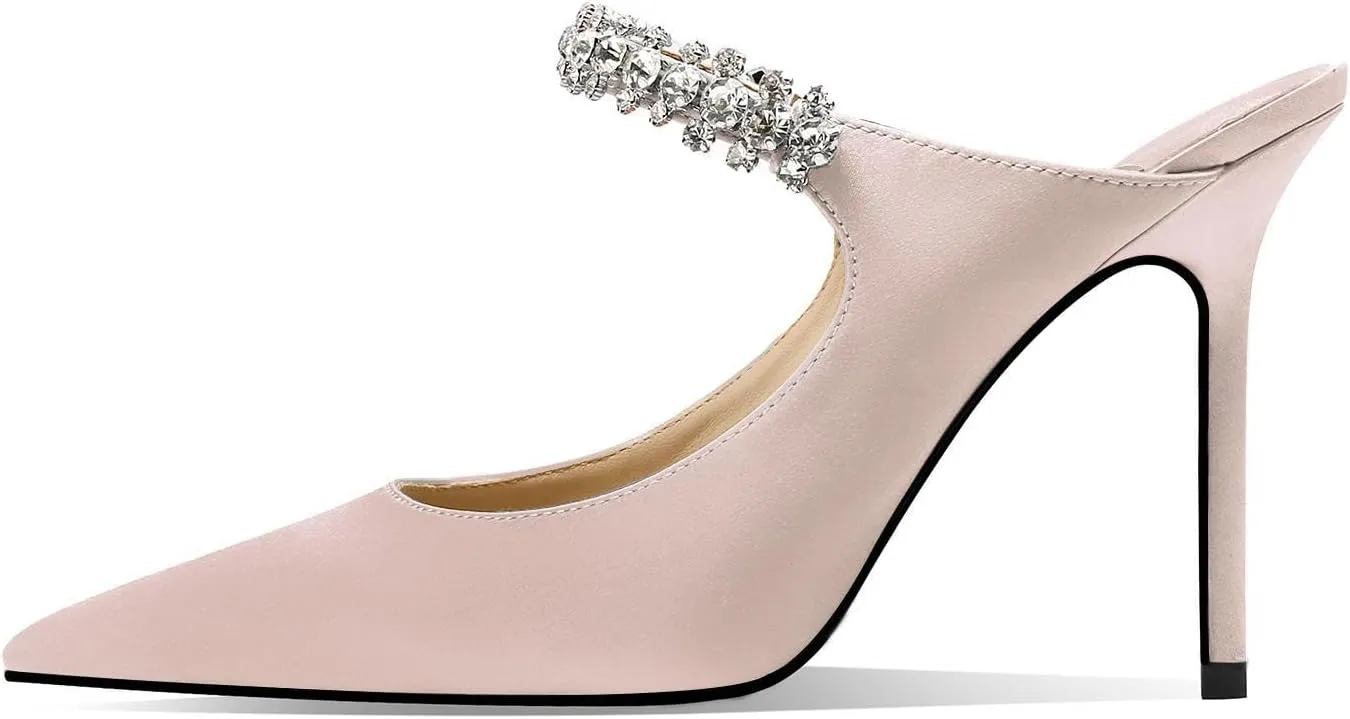 Vaslemuse Women Rhinestone Strap Heel Mules Bridal Pointy Toe Stiletto Heels Dress Pumps Slip On for Wedding Party