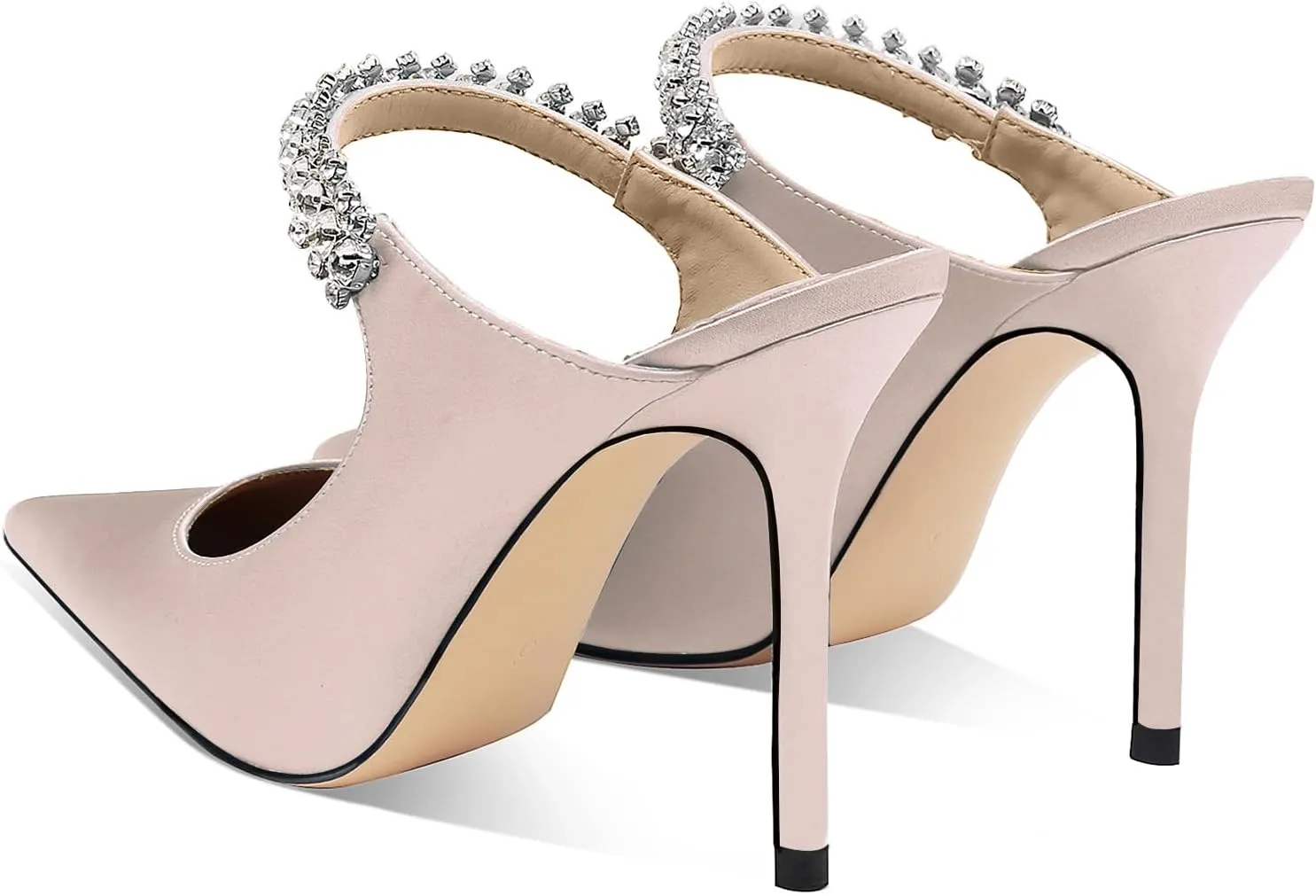 Vaslemuse Women Rhinestone Strap Heel Mules Bridal Pointy Toe Stiletto Heels Dress Pumps Slip On for Wedding Party