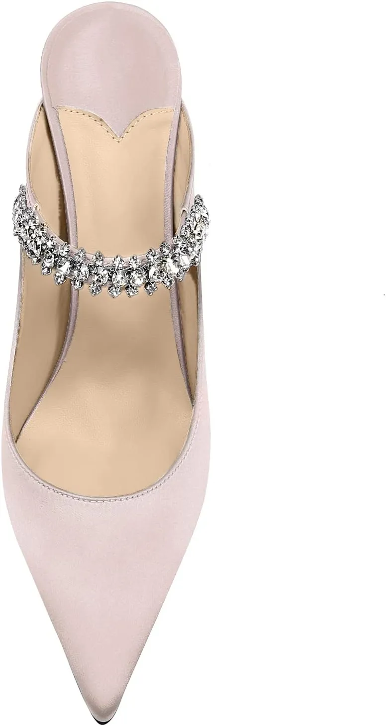 Vaslemuse Women Rhinestone Strap Heel Mules Bridal Pointy Toe Stiletto Heels Dress Pumps Slip On for Wedding Party