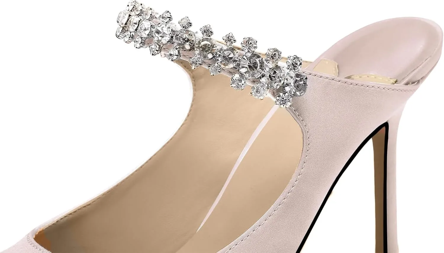 Vaslemuse Women Rhinestone Strap Heel Mules Bridal Pointy Toe Stiletto Heels Dress Pumps Slip On for Wedding Party