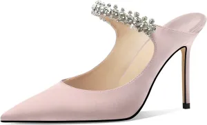 Vaslemuse Women Rhinestone Strap Heel Mules Bridal Pointy Toe Stiletto Heels Dress Pumps Slip On for Wedding Party
