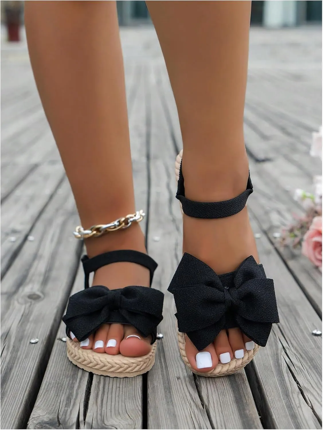 Verdusa Women's Bow Knot Flat Sandals Open Toe Ankle Strap Vacation Sandals
