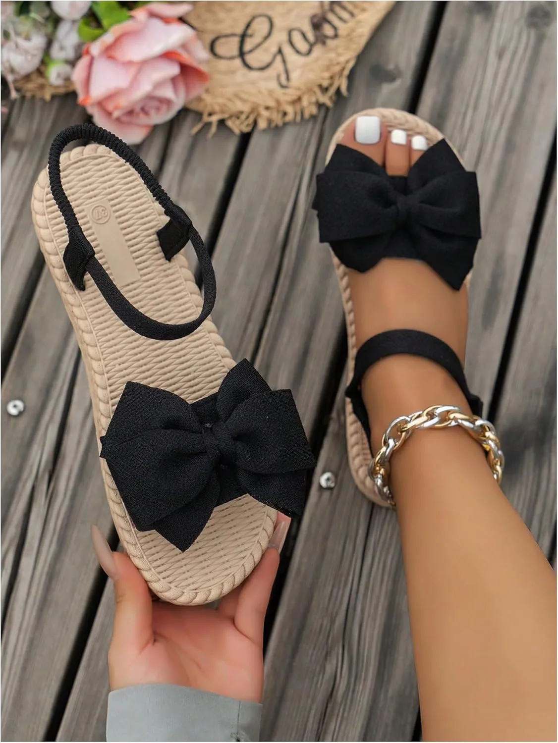 Verdusa Women's Bow Knot Flat Sandals Open Toe Ankle Strap Vacation Sandals